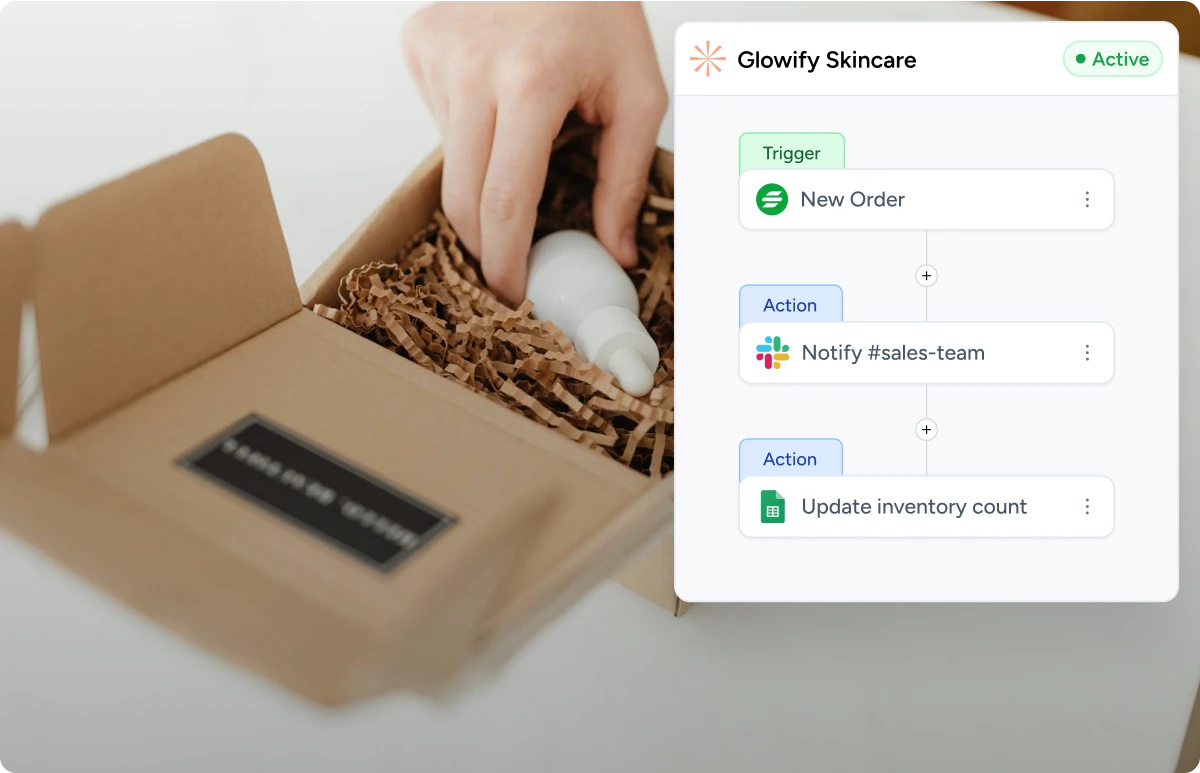 An open shipping box with a hand placing a skincare product inside, alongside a screenshot of Ottokit’s automation for ecommerce. The workflow shows a new order triggering a Slack team notification and updating inventory count in real time.