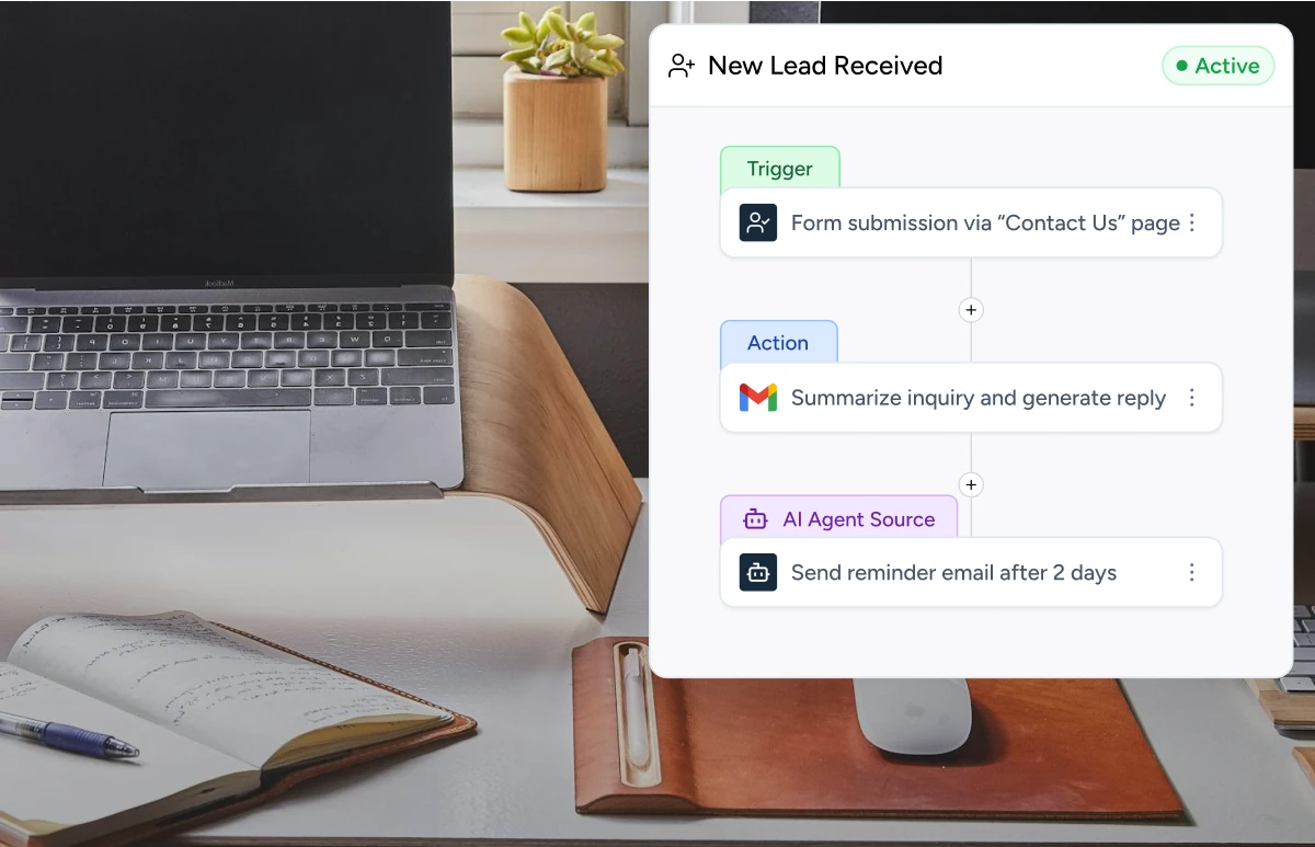 Laptop on a modern desk beside a screenshot of Ottokit’s AI automation showing a workflow triggered by a contact form submission. The flow summarizes the inquiry, generates a reply via Gmail, and sends a follow-up email after two days.