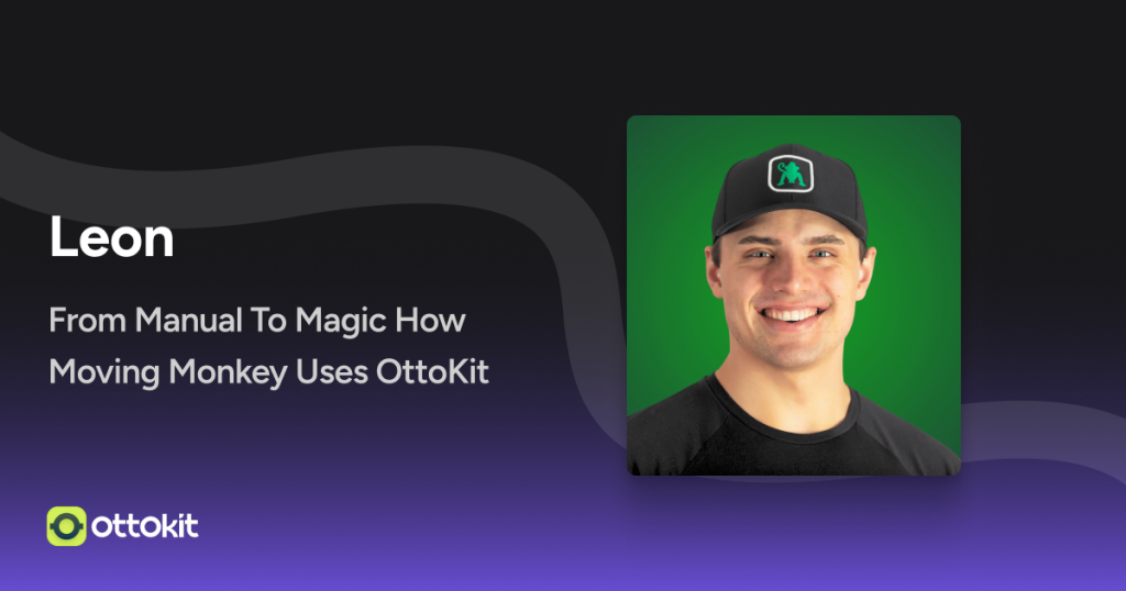 Fast-paced image of a smiling man wearing a black OttoKit cap and t-shirt, with a vibrant green background.