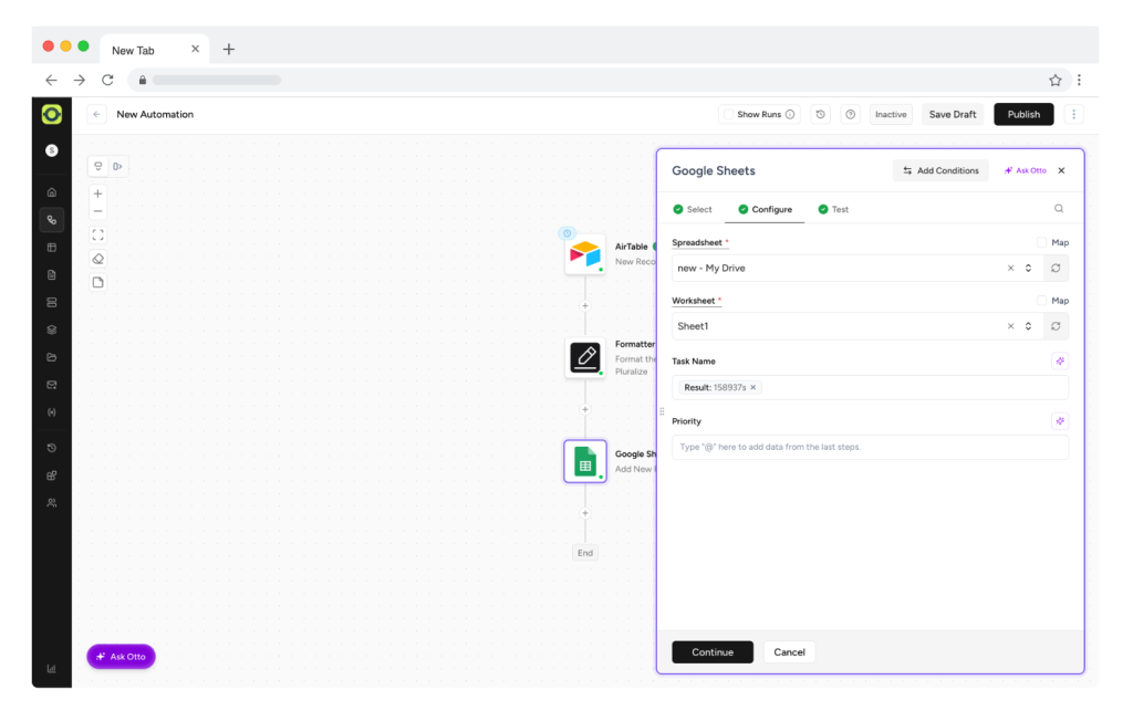 OttoKit automation interface with Google Sheets integration.